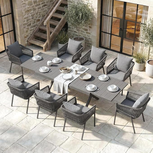 SUNSITT 9 Piece Outdoor Patio Dining Set, 65" - 107" Metal Expandable Outdoor Dining Table with X-Shape Legs, 8 Woven Rope Outdoor Patio Chairs w/Curved Armrest for Garden, Dark Grey