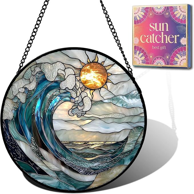Birthday Gifts for Women - Sunrise Ocean Waves Faux Stained Glass Window Hanging Sun Catcher Mother's Day for Mom Nana Friend Grandma Wife and Door Garden Acrylic Home Decor 7.8"