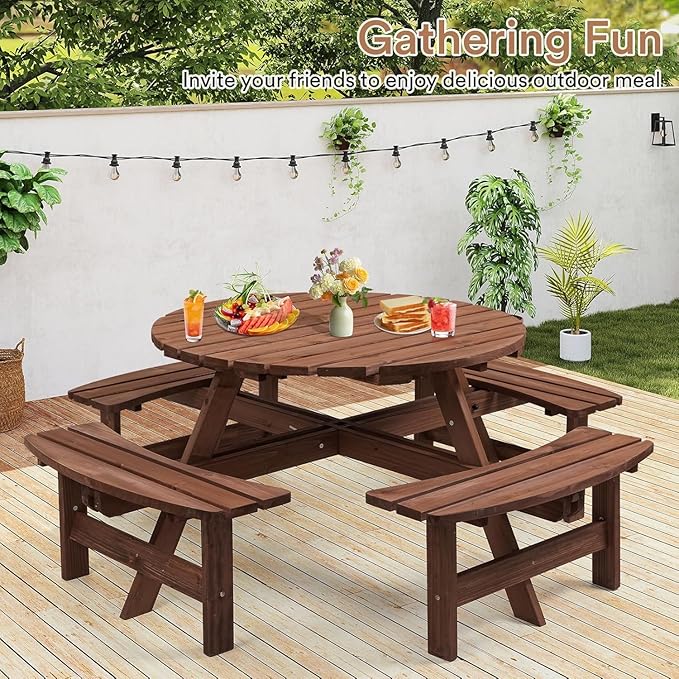 Zevemomo 8 Person Wood Picnic Table, Round Tabletop with Umbrella Hole, 4 Integrated Curved Benches, 2220LBS Overall Capacity for Patios, Backyard, Rustic Brown