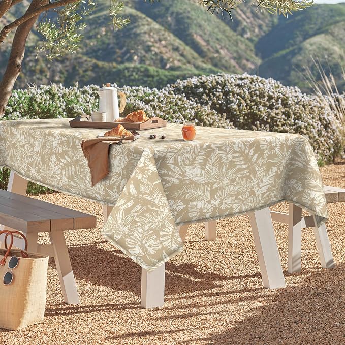 DYTXIII Outdoor Rectangle Tablecloth with Umbrella Hole and Zipper 84" x 60", Water Repellent Floral Picnic Cover, Fade & Wrinkle Resistant Tablecloth for Patio/Garden/Party Table, Tropical Leaf Oat