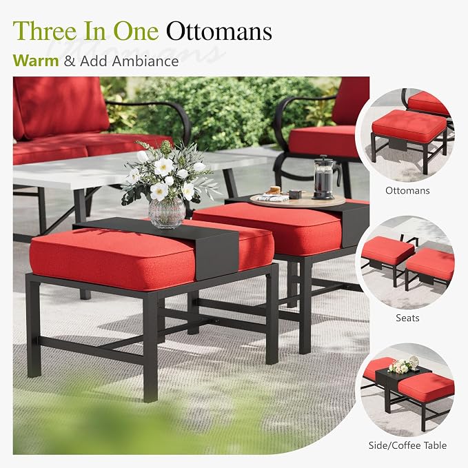 Sophia & William Patio Furniture Sets 5 Seats Outdoor Metal Conversation Sets 5 Pcs with 2 x Cushioned Swivel Sofa Chairs,1 x 3-Seat Sofa,2 x Ottomans for Coffee Lawn Backyard Poolside Red