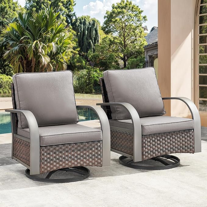 HUMMUH Patio Swivel Glider Outdoor Chair-All Weather Rattan Wicker Patio Swivel Rocking Chairs Porch Chair for Deck Porch Lawn Garden Backyard-Brown/Grey