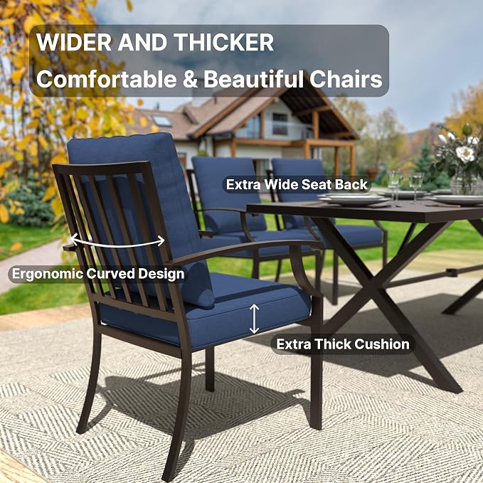 Gotland 14 Piece Outdoor Dining Set, Metal Outdoor Table and Chairs with X-Shaped Legs 1.5" Umbrella Hole, Patio Furniture Set with Waterproof Cushions, Patio Dining Sets for Backyard Deck Navy