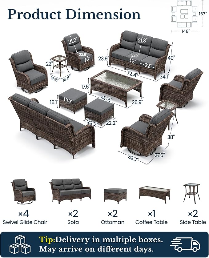 HILLGA Luxury Outdoor Patio Furniture Set with 6-Inch Thick Cushions, High Back Wicker Swivel Rocker Chairs, 11 Pcs All Weather Conversation Set for Large Deck, Yard and Poolside, Gray (V3)