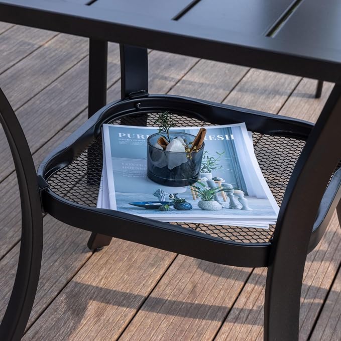 VICLLAX Small Patio Dining Table for 2, Square Metal Slatted Tabletop with Storage Shelf for Front Porch Lawn Garden, Walnut Tabletop(No Umbrella Hole)