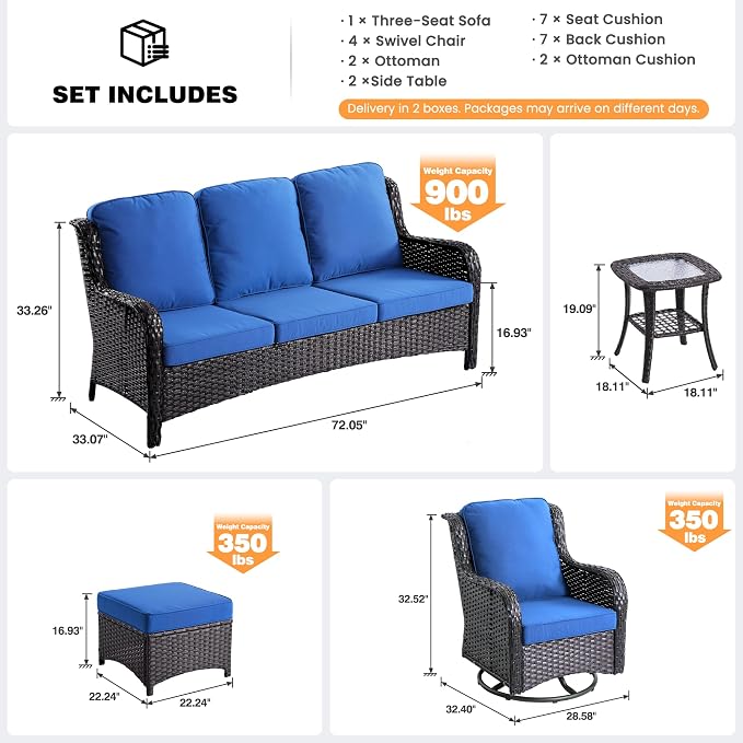 ovios 9-Piece Patio Furniture Set with Swivel Chairs Side Table, Outdoor Wicker Sofa with Comfy Cushions, High Back Couch Modern Conversation Sets, Brown/Navy Blue