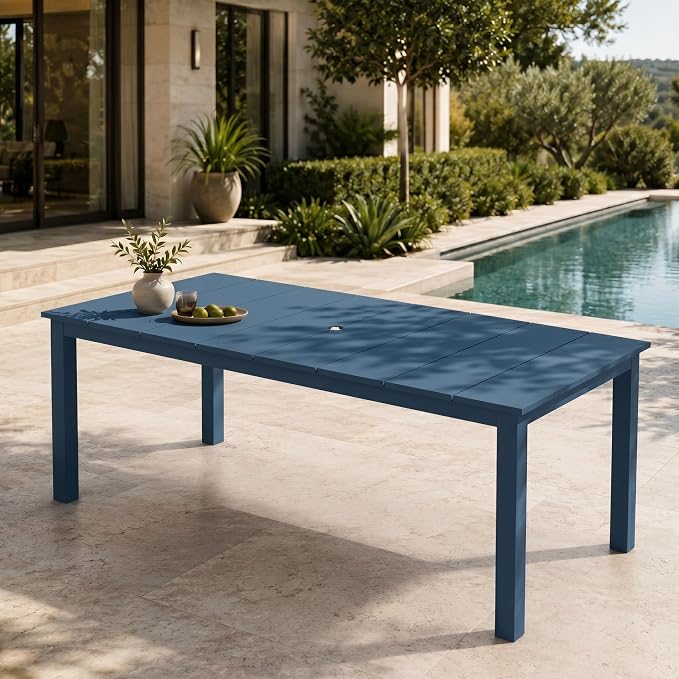 75.2" Outdoor Dining Table for 4-6 People, Patio Dining Outdoor Table with Umbrella Hole, All Weather Patio Table for Backyard, Deck and Garden, Navy Blue