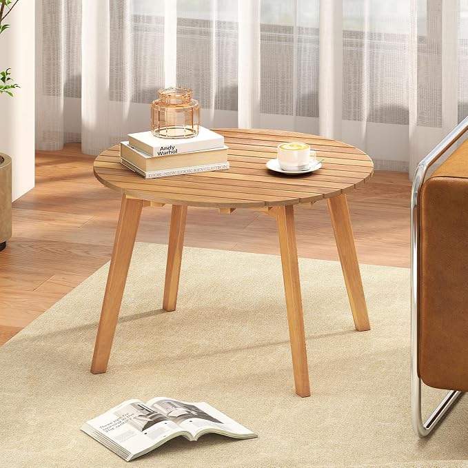Tangkula Outdoor Side Table, 24.5 Inch Acacia Wood Round Accent Bistro Patio Table with Slatted Tabletop, for Backyard, Balcony, Poolside, Garden (1)