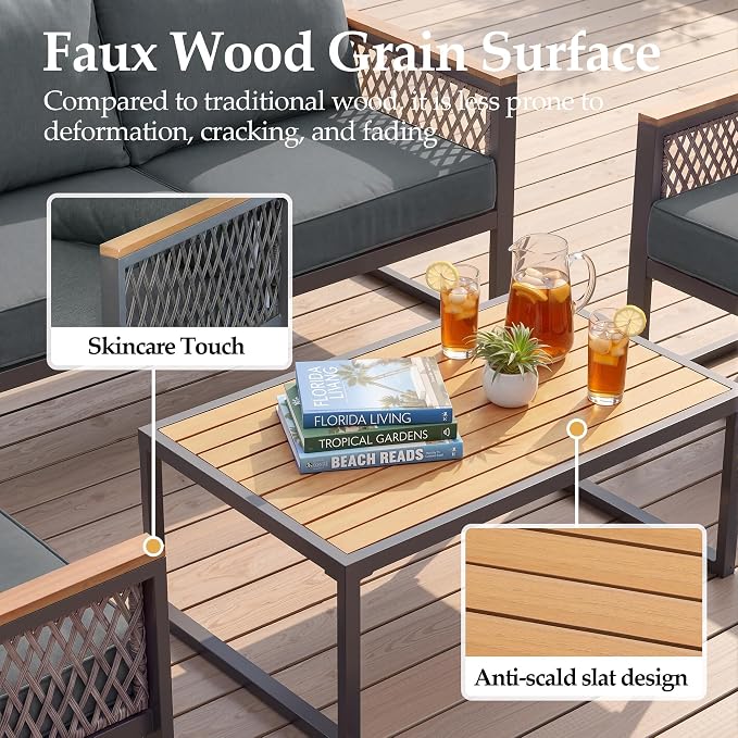 UPHA 4 Pieces Patio Furniture Set, Metal Outdoor Sectional Couch Set with Loveseat Sofa, 2 Chairs, Coffee Table, Modern Patio Conversation Set for Porch Balcony Deck, 4 Seats, Gray