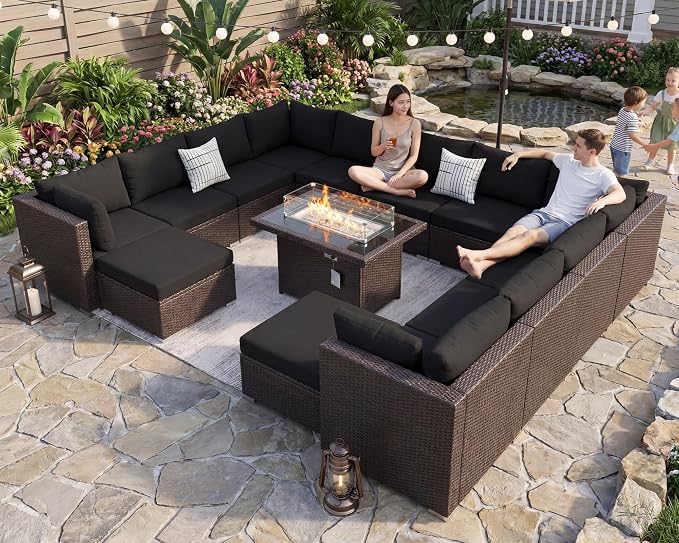 NICESOUL 15 Piece Outdoor Sectional with Fire Pit Table, Modern Luxury Patio Deep Seating w/Firepit, 29.3'' High-Back Wicker Couch Thick, Big High-Weight Capacity Sofa for Garden, Yard, Brown & Black