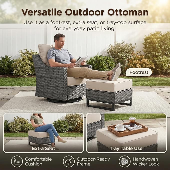 5 Piece Patio Furniture Set, Grey Wicker Outdoor Conversation Set with 2 Swivel Rocker Chairs, 2 Ottomans and Side Table, 6-Inch Thick Cushions, Beige Olefin Covers for Patio, Porch