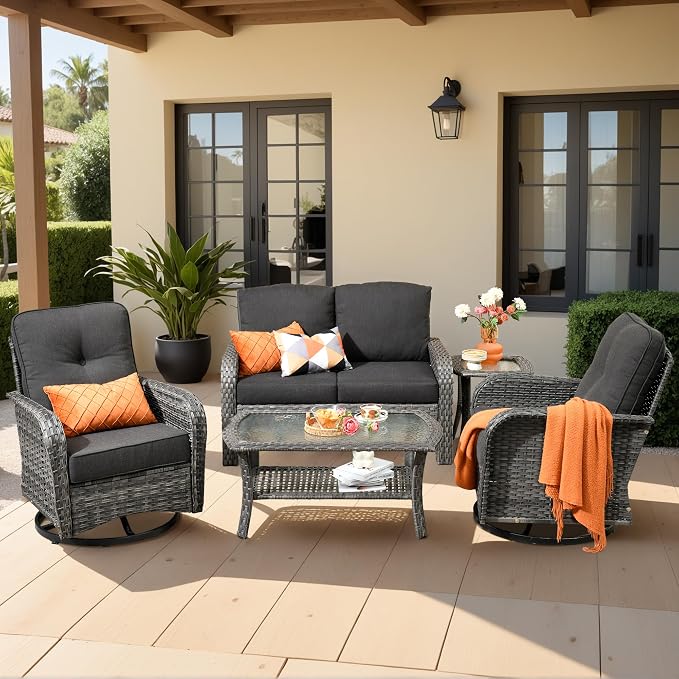Weaxty Wicker Patio Furniture Set with Swivel Rocker Chairs Outdoor Loveseat Sofa and Rattan Coffee Table, 5 Pieces Outdoor Conversation Sets for Patio Porch Deck Backyard Poolside, Black