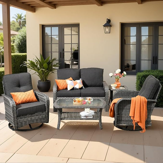 Weaxty Wicker Patio Furniture Set with Swivel Rocker Chairs Outdoor Loveseat Sofa and Rattan Coffee Table, 5 Pieces Outdoor Conversation Sets for Patio Porch Deck Backyard Poolside, Black