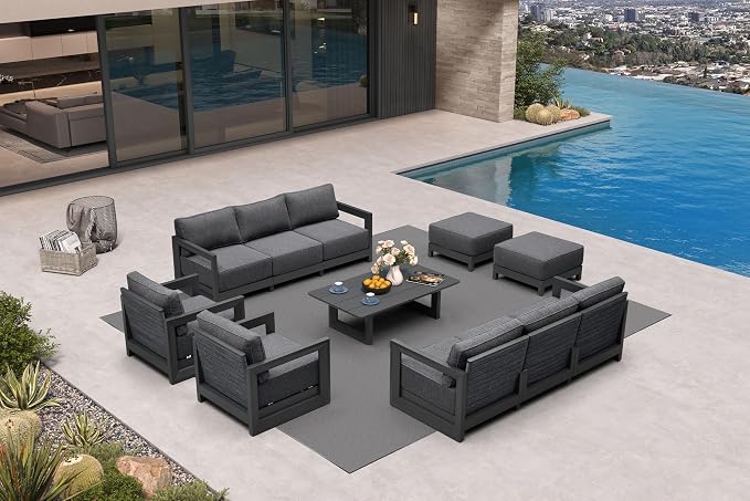 PURPLE LEAF Patio Furniture Set Enclosed Outdoor Couch with 9.6" Thick Cushion and Soft Pillows 11 Piece Modern Outdoor Conversation Sets with Ottoman Outdoor Sectional Sofas for Yard Deck Pool, Grey
