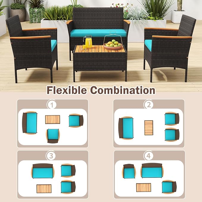 Tangkula 4 Pieces Patio Wicker Sofa Set, 2 Rattan Chairs & Loveseat w/Coffee Table, Acacia Wood Armrests & Tabletop, Outdoor Cushioned Conversation Set for Backyard, Poolside (Turquoise, 4 Pieces)