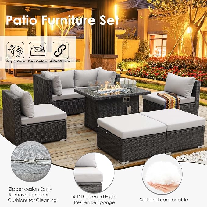 RADIATA 7 Piece Wicker Patio Furniture Set with Fire Pit, All-Weather Outdoor Sectional Couch High Back Large Size, Modular Backyard Seating Sofa Set with Propane/Natural Gas Firepit Table, Light Grey