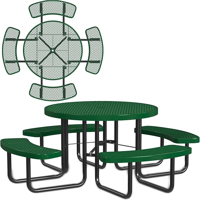 Leisure Craft Metal Picnic Table with Bench - 46" Round Outdoor Dining Table for 8 with Umbrella Hole, Weatherproof Heavy Duty Thermoplastic Coating, Commercial Grade Furniture Made in USA - Green