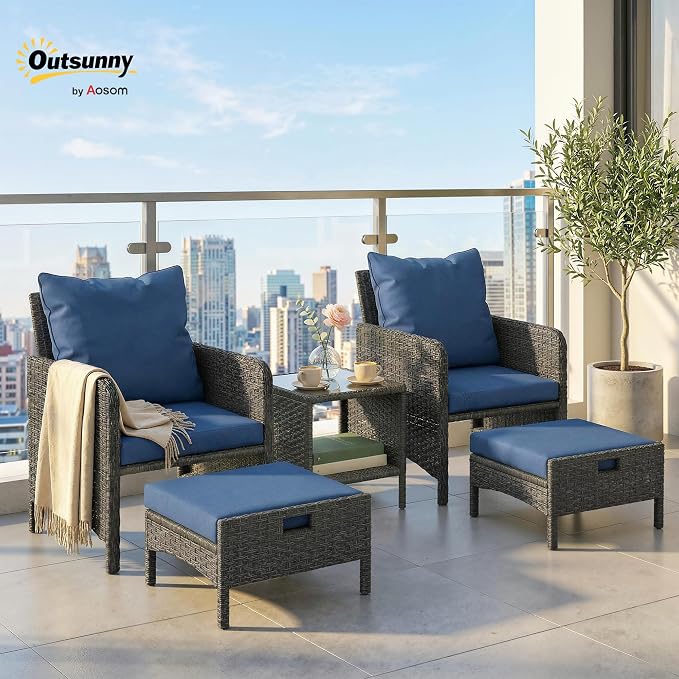 Outsunny 5 Piece Patio Furniture Set, Wicker Balcony Furniture with 23.6" Wide Deep Seat, 2 Ottomans, Glass Coffee Table, Cushions, Rattan Outdoor Conversation Patio Set for Garden Porch, Navy Blue