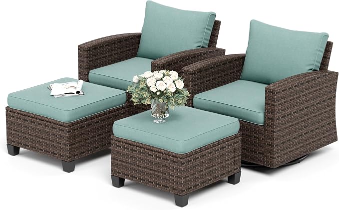 SUNSHINE VALLEY 4-Piece Patio Furniture Set with Swivel Chairs, Rattan Wicker Outdoor Furniture with 2 Swivel Glider Chairs and 2 Ottomans, Outdoor Lounge for Small Patio, All-Weather Design, Blue