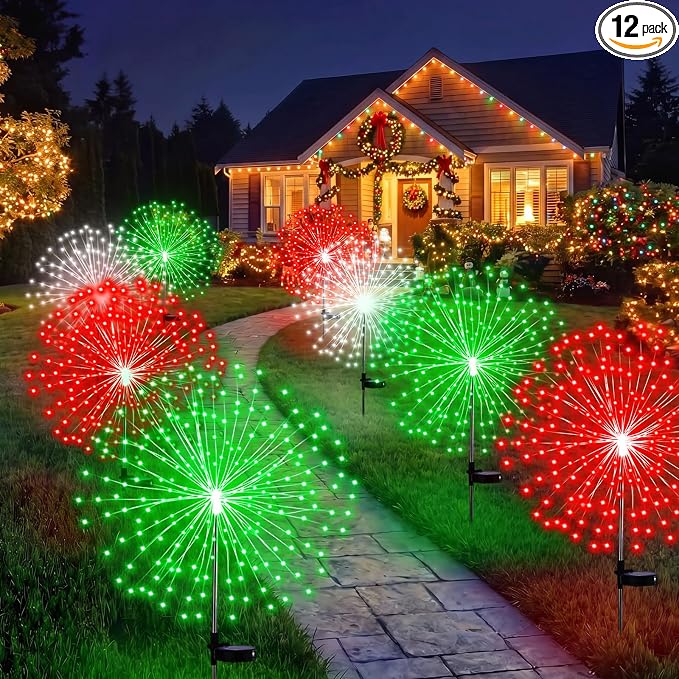 Tujoe 12 Pcs Christmas Solar Firework Stake Lights 180 LED 8 Modes Solar Waterproof LED Sparkler Lights Outdoor Decoration for Garden Patio Yard Pathway Walkway Lawn (Red Green White)