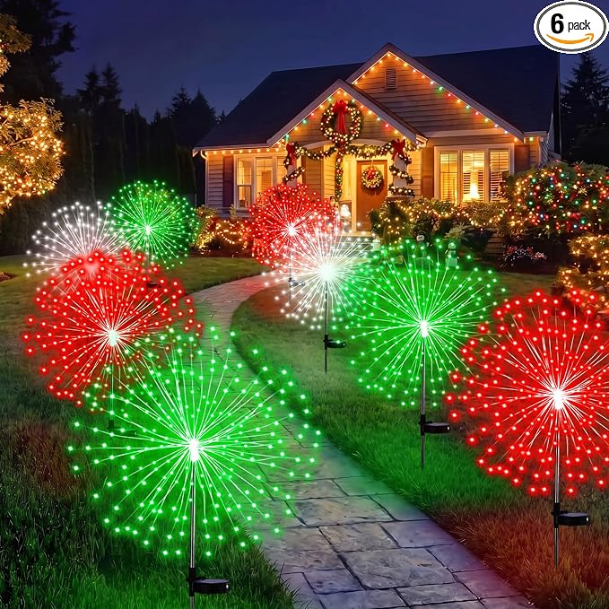 Tujoe 6 Pcs Christmas in July Solar Firework Stake Lights 180 LED 8 Modes Solar Waterproof LED Sparkler Lights Outdoor Decoration for Garden Patio Yard Pathway Walkway Lawn Xmas (Red Green White)