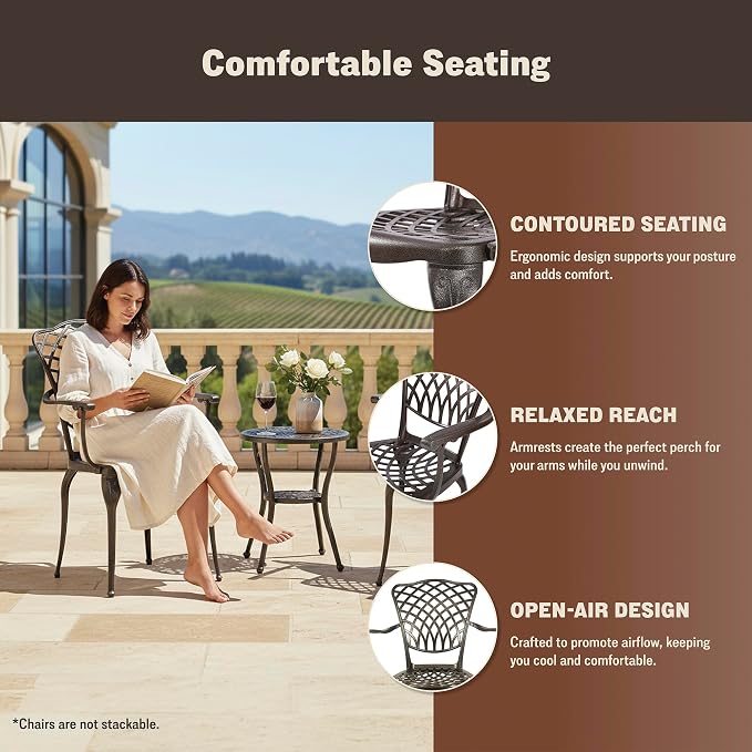 Kinger Home Arden 2-Piece Outdoor Patio Dining Chairs Set of 2, Cast Aluminum Patio Chair Set, All-Weather Resistant Outdoor Dining Furniture, Brown