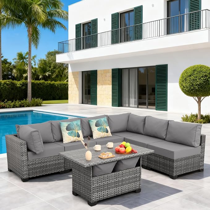 Lviden 7 Pieces Wicker Patio Furniture Set Outdoor Sectional Conversation Sofa Set with Storage Table Non-Slip Cushions and Furniture Cover, Light Grey