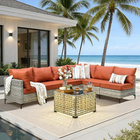 7 Pieces Patio Furniture Set with Solar Light Coffee Table, All-Weather Rattan Outdoor Sectional Conversation Sets L Shaped Sofas with Thick Cushions for Porch Balcony Backyard Orange