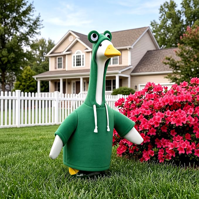 Frog Porch Goose Outfit for 23" Cement Plastic Goose Clothes Green Costume with Horns for 23" Geese Statue Decoration Patio Yard Garden Lawn Outdoor Decors