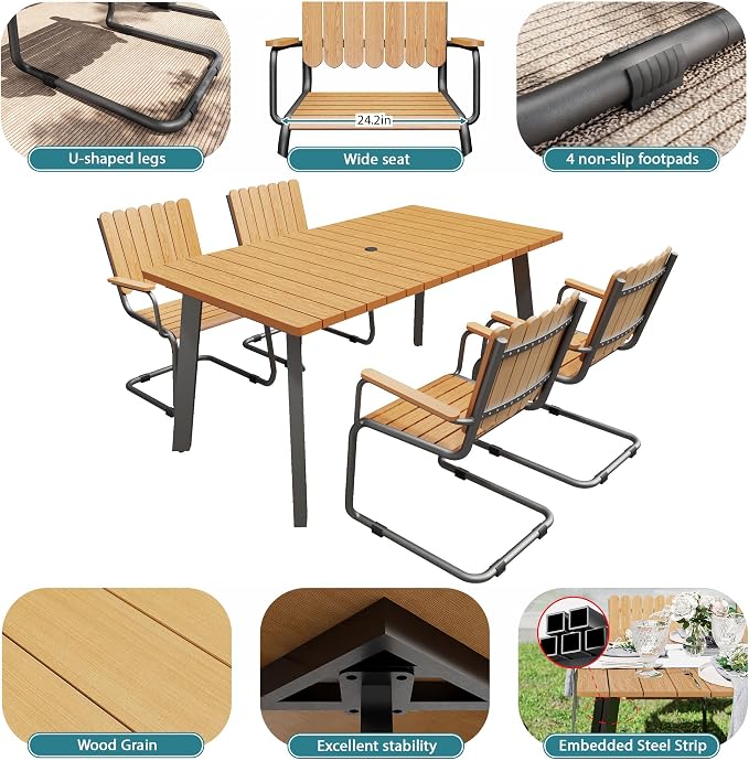 5 Piece Outdoor Conversation Set for 4, HDPE Patio Seating Set with Table and Chairs, All-Weather Outdoor Lounge Furniture with Umbrella Hole for Garden, Porch, Poolside, Gray & Teak