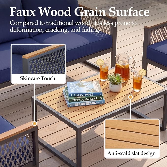 UPHA 4 Pieces Patio Furniture Set, Metal Outdoor Sectional Couch Set with Loveseat Sofa, 2 Chairs, Coffee Table, Modern Patio Conversation Set for Porch Balcony Deck, 4 Seats, Navy Blue
