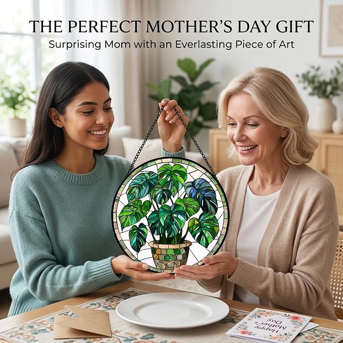 Birthday Gifts for Women - Green Monstera Plant Faux Stained Glass Window Hanging Sun Catcher for Door Garden Acrylic Decor Mother's Day Christmas for Mom Nana Grandma Sisters Wife 6.3"