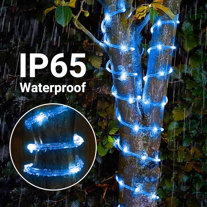 Jnaurb Solar Rope Lights, 66ft 200LED Solar String Lights, 8 Modes Waterproof Solar Outdoor Light, Flexible Clear Trampoline Light for Garden Backyard Patio Deck Porch Pool Tree Decor - Blue