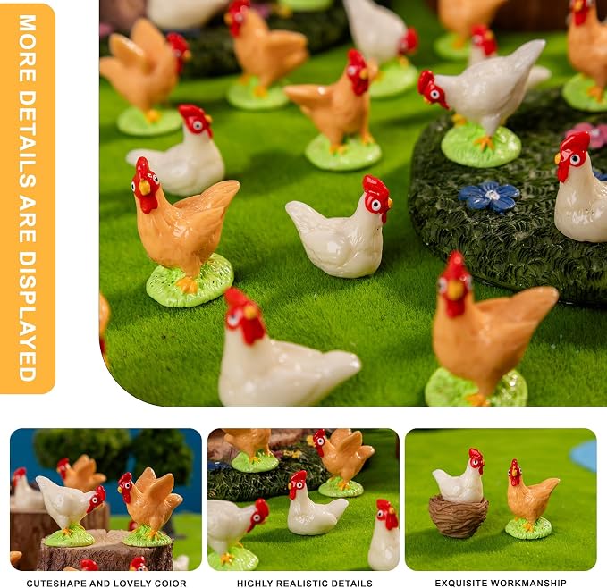 Easter Mini Chicken 60 pcs Mini Resin Chicken Variety Tiny Animals Figures Miniature Little Small Animal Figurines Bulk for Micro Fairy Garden Landscape Accessories Hide Crafts Decor Aquarium