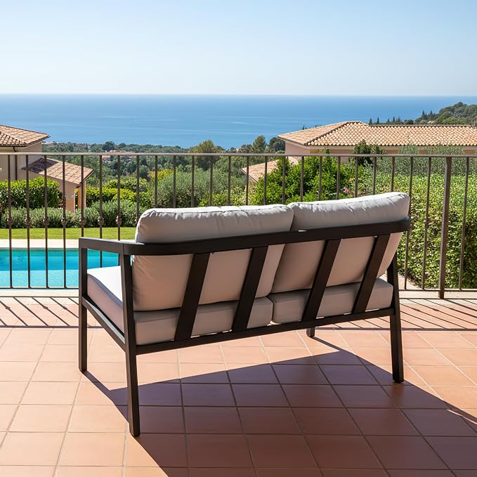 Outdoor Patio Loveseat Sofa, Aluminum 2-Seater Conversation Set with Washable Thick Cushions, Never-Rust Modern Garden Couch Bench for Porch, Poolside, Backyard (Black+Grey)