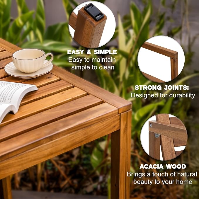 VICTORY RELAX Small Acacia Wood Dining Table for 2-4, Patio Table with Slatted Tabletop, Compact Bistro Table for Balcony, Garden, Poolside & Backyard, Natural Color (29.5'')