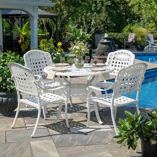 5-Piece Outdoor Patio Dining Set, All-Weather Cast Aluminum Furniture Conversation Set, Include 4 Chairs and a 38.5” Round Table with Umbrella Hole for Balcony, Lawn, Garden