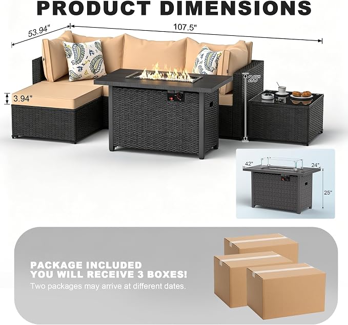5 Piece Patio Furniture Sets, Outdoor Patio Set Sectional Sofa, All-Weather PE Rattan Couch with Cushion, Glass Table for Gatherings, Parties, Sports Viewing (Khaki, 6-Piece Fire Pit Table Set)