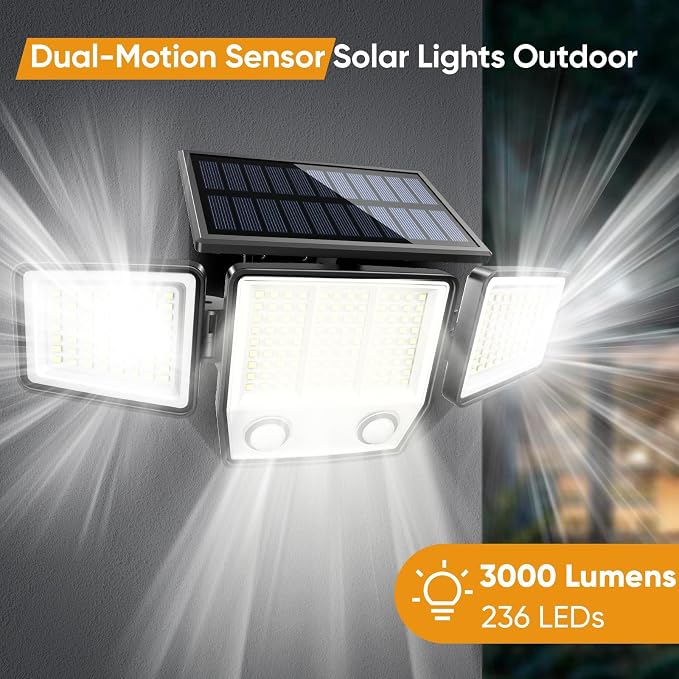 MDCMDCM Solar Motion Sensor Outdoor Lights Waterproof - 3000LM 3 Modes Security Lights Outdoor 270° Illumination IP65 LED Solar Flood Wall Light for Garden Yard Patio Pathway