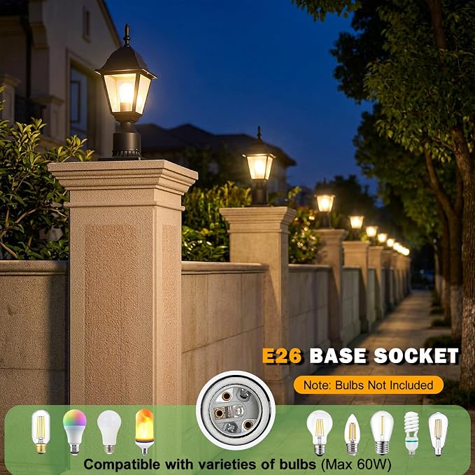 Outdoor Post Light, Rustproof Aluminum Pole Lamp, Black | Exterior Lamp Post Light Fixture for Garden, Yard, Pathway, Waterproof, Glass, E26 Base, Max 60W