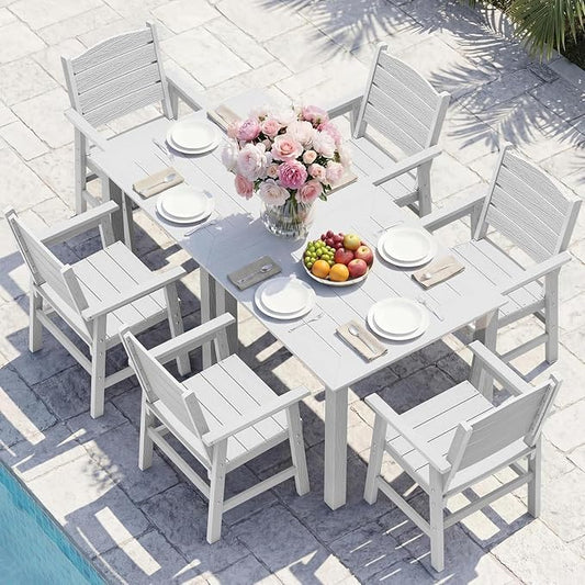 YEFU HIPS Patio Dining Set for 6: 8-Piece Outdoor Table and Chairs with Aluminum Frame - All-Weather Patio Dining Sets Modern Outside Furniture with Metal Aluminum Frame for Family in Deck/Pool White