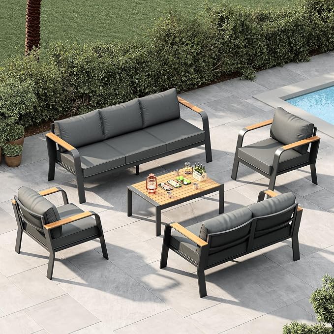 Garvee Aluminum Outdoor Patio Furniture Set with Coffee Table 7 Seats Patio Conversation Set Washable Thick Cushions All-Weather Metal Outdoor Furniture Sets for Poolside Balcony Deck, Gray