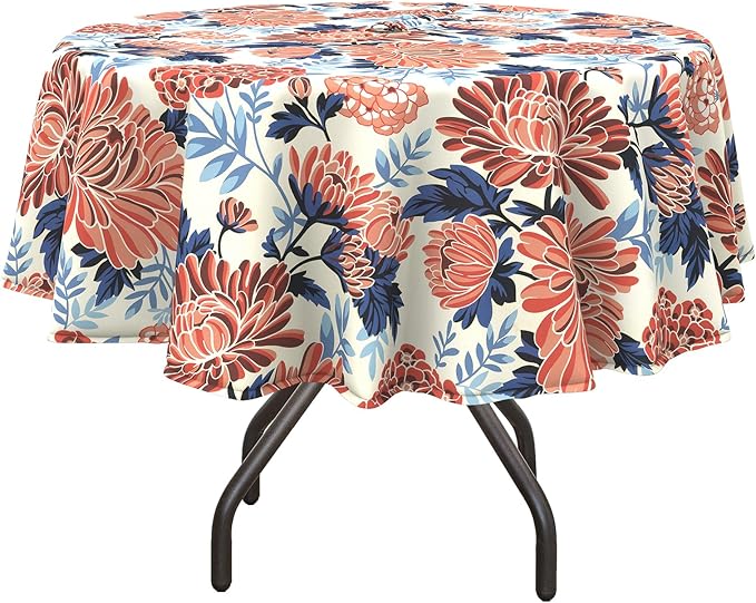 DYTXIII Outdoor Round Tablecloth with Umbrella Hole 60 Inch, Water Repellent & Fade Resistant Table Cover, All Weather Outdoor Tablecloth for Garden & Party Table, Red Chrysanthemum