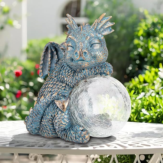 Solar Dragon Garden Statue, Dragon Solar Lights with Crackled Glass Globe | Solar Dragon Statue with Glowing Light, Fantasy Outdoor Decor for Garden, Patio, Yard, Fairy Ggarden and Dragon Lovers Gifts