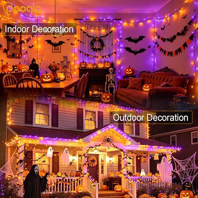 500 LED Orange Purple Halloween Lights Outdoor String Lights, 164 ft | Green Wire Waterproof Twinkle Fairy Lights with Timer, 8 Modes Connectable String Lights Indoor Halloween Decorations
