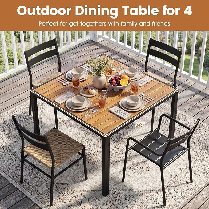 Tangkula 36" Square Patio Dining Table for 4, Acacia Wood Outdoor Table with Slatted Top, 1.97" Umbrella Hole and Heavy Duty Metal Frame, Outside Table for Porch, Garden, Backyard, Deck and Poolside