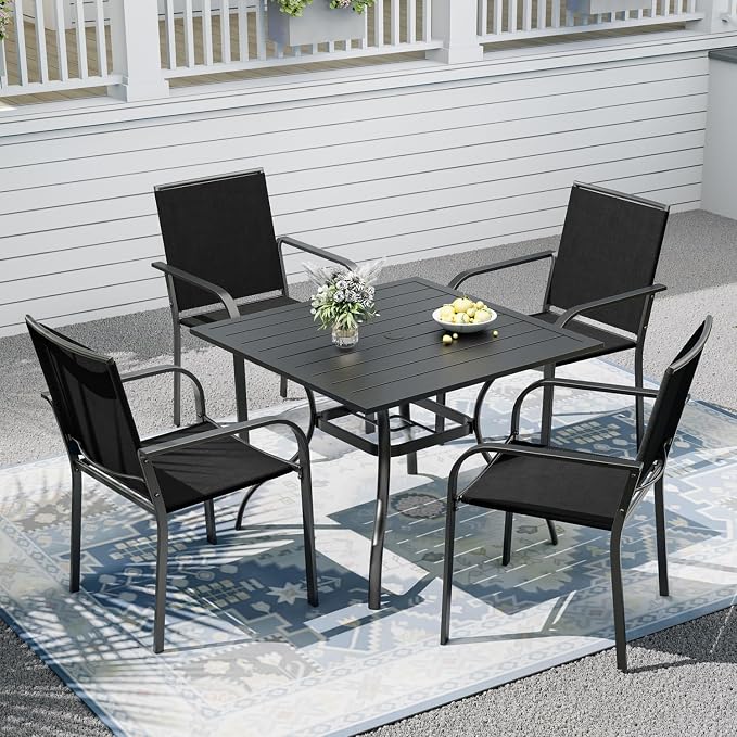 Outdoor Patio Furniture Set,4 Piece Stackable Patio Chairs and 35" Steel Dining Table with 1.6" Umbrella Hole,Suitable for All-Weather