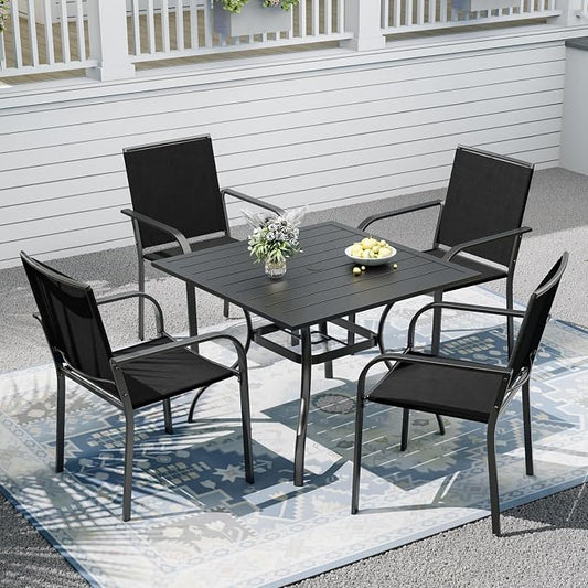 Outdoor Patio Furniture Set,4 Piece Stackable Patio Chairs and 35" Steel Dining Table with 1.6" Umbrella Hole,Suitable for All-Weather
