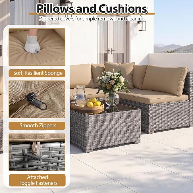 Tangkula 7 Pieces Wicker Sectional Patio Furniture Set, PE Rattan Sofas with Tempered Glass Coffee Table, Pillows & Cushions, Outdoor Wicker Conversation Set for Porch, Yard & Poolside, Grey & Beige
