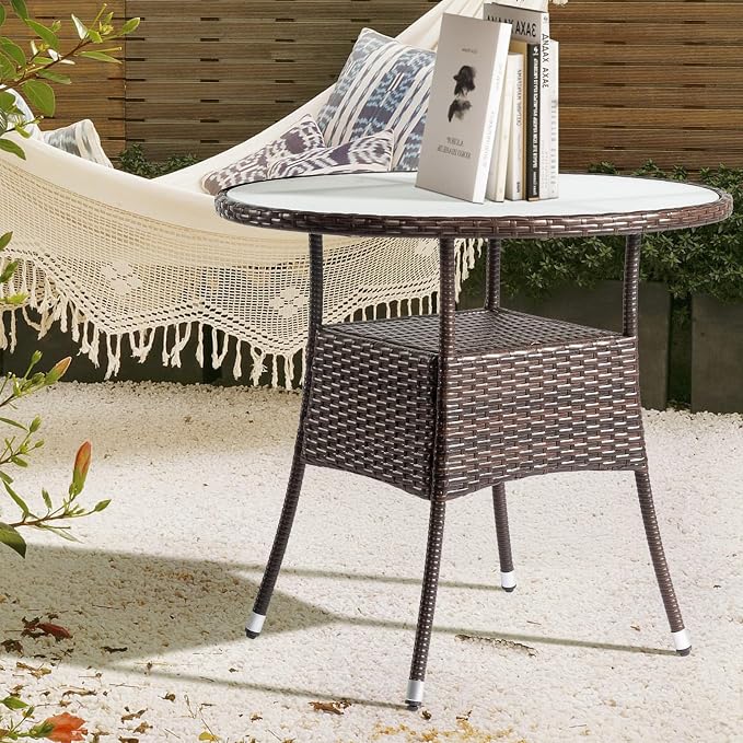 31.7" Round Patio Side Table,Small Outdoor Wicker End Tables,All-Weather Rattan Coffee Table,Bistro Dining Tables,with Glass Tabletop,for Lawn Garden Backyard Deck Porch Poolside Balcony (Brown)